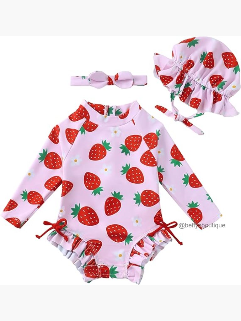 Baby Girl One-Piece Swimsuit Long Sleeve Rash Guard With Hat 3-Piece Set Upf 50+